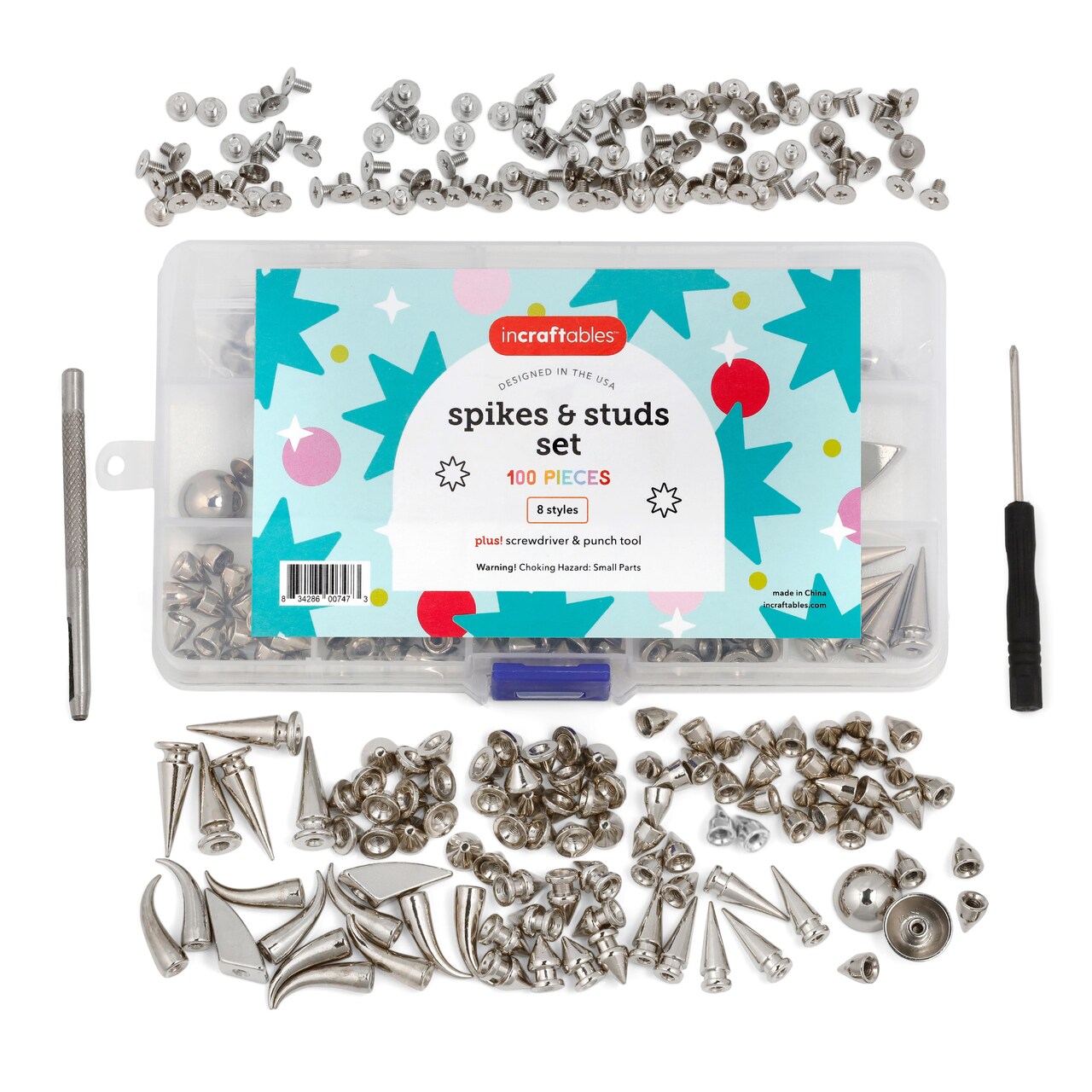 Incraftables Assorted Studs and Spikes Set (100pcs). Silver Spikes for Clothing (Small, Medium & Large) Kit. Metal Studs for Clothing for Crafts, Clothes, Crocs & Shoes w/ Screwdriver & Punch Tool